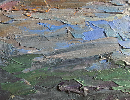 Oil painting Stone Coast by Boris Serdyuk with impasto blue green earthy strokes