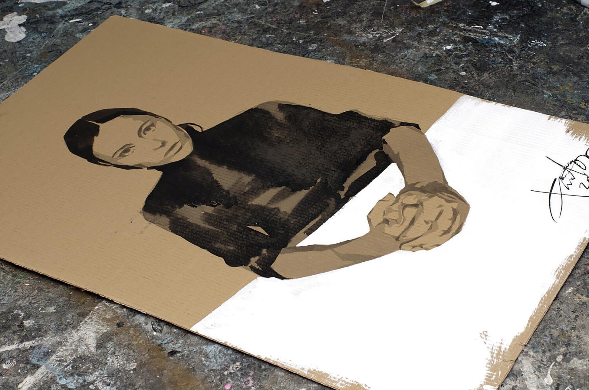 Minimalist portrait painting Trust by Dima Filatov in black tan tones on cardboard