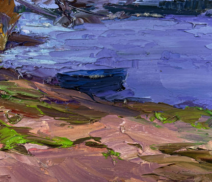 Impressionistic oil painting Silent Drift by Boris Serdyuk, purple-blue river shore