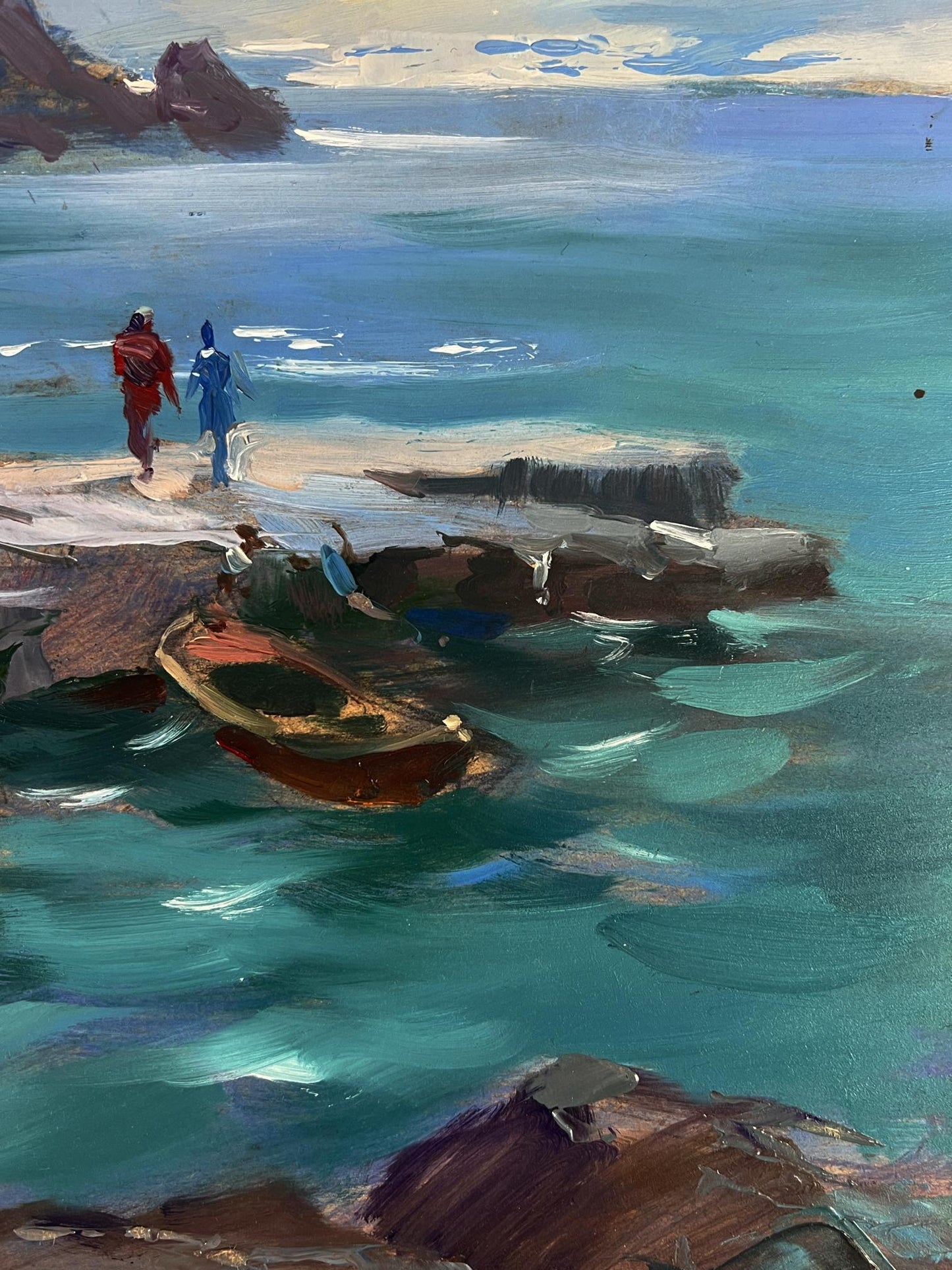 Oil painting of weathered rowboat in turquoise water by Yuriy Suprunchuk