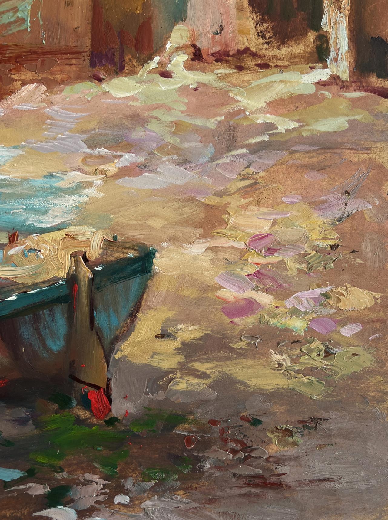 Teal rowboat with weathered oar in shallow water, quiet pier oil painting by Yuriy Suprunchuk