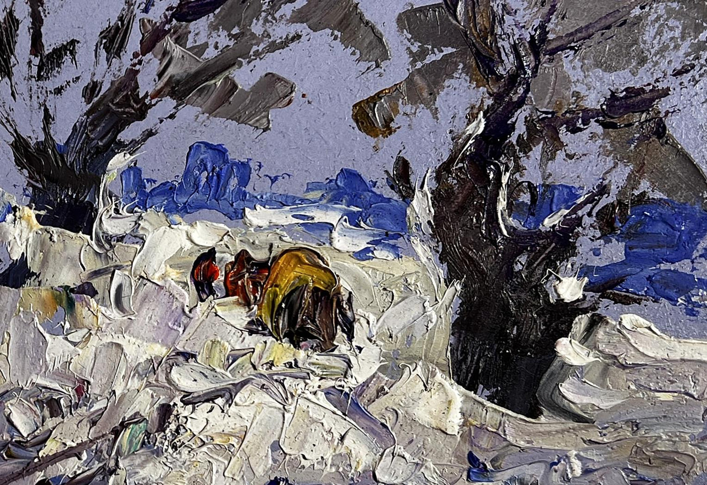 Winter snowy road oil painting by Oleksiy Ivanyuk with textured snow and trees