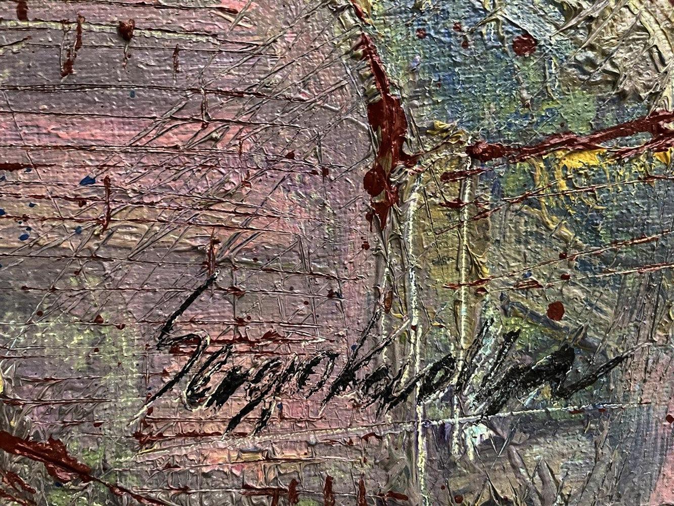 Oil painting Lightening by Serhiy Kovalev with impasto strokes and red splatters