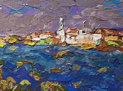 Textured impressionist oil painting of coastal village by Oleksiy Ivanyuk