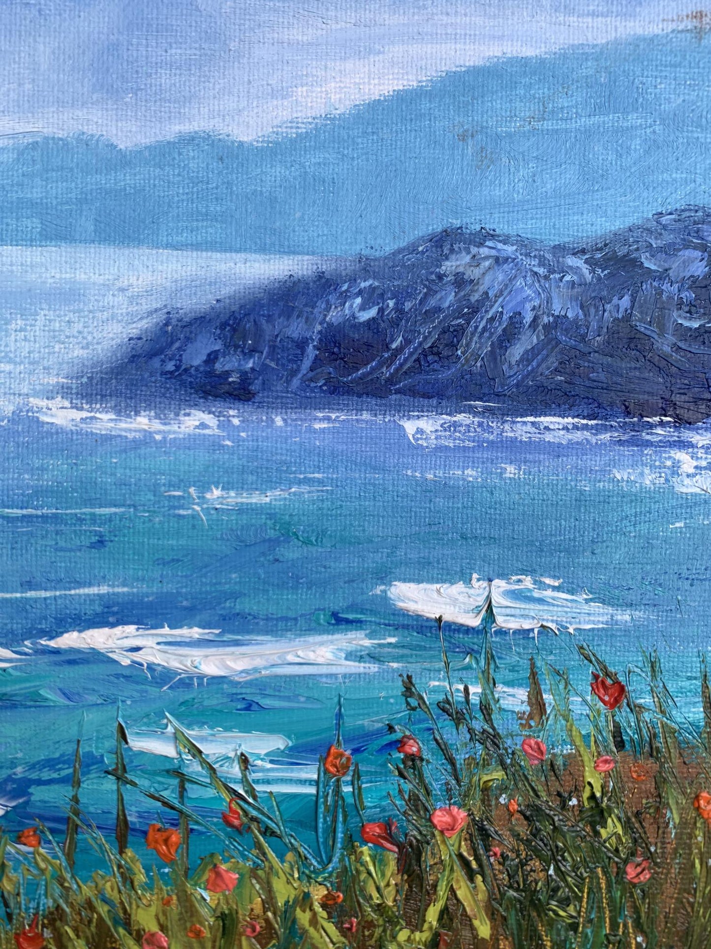 Vibrant impressionist oil painting Calm sea by Tatyana Derdey with blue mountains, turquoise waves, red poppies