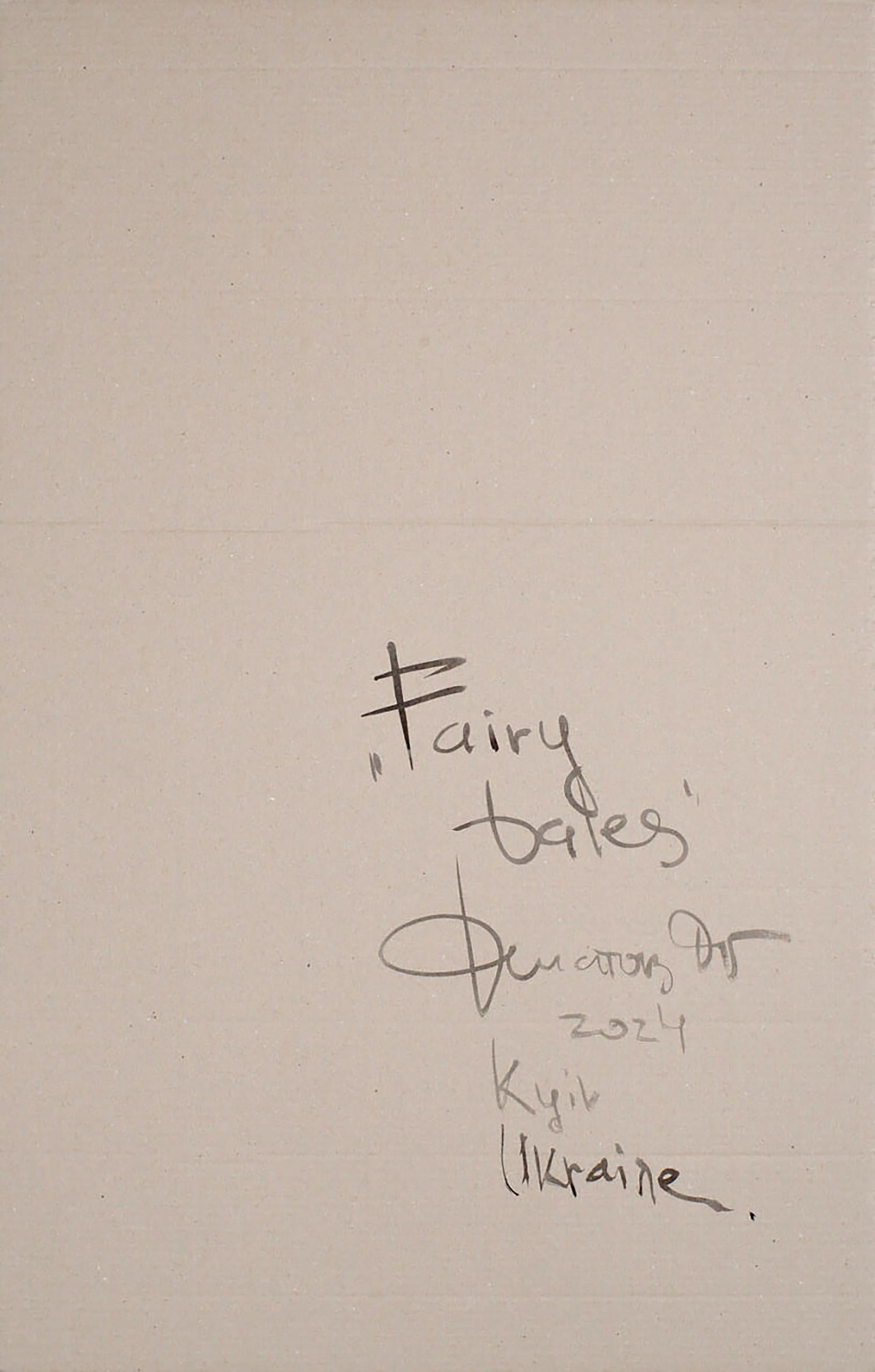 Handwritten Fairy Tales inscription by Dmytro, Kyiv 2014 on off-white paper, Ink painting by Dima Filatov