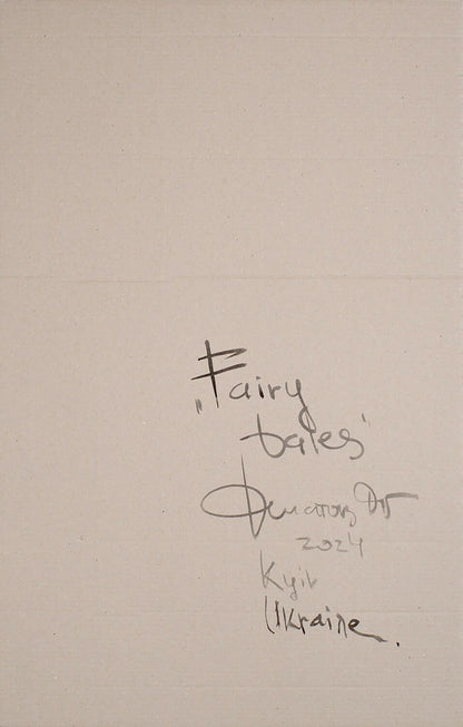 Handwritten Fairy Tales inscription by Dmytro, Kyiv 2014 on off-white paper, Ink painting by Dima Filatov