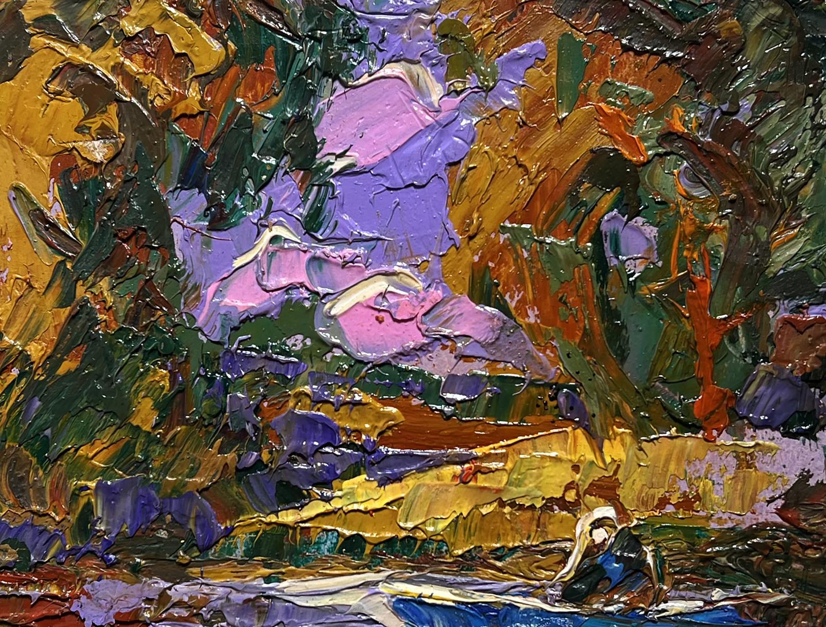 Oil painting Solitude in Nature by Oleksiy Ivanyuk with vibrant purple, pink, green, gold strokes and small figure