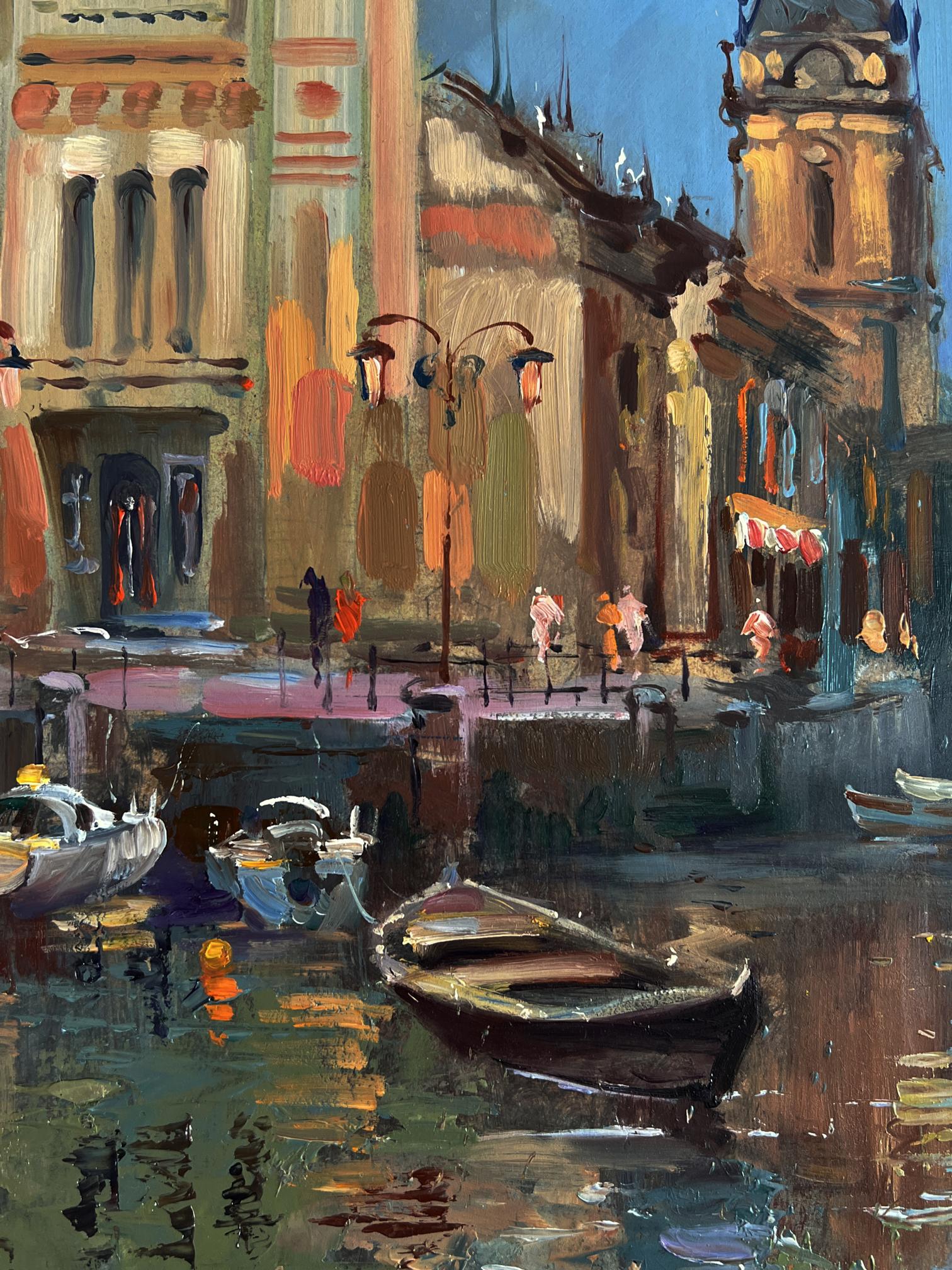 Oil painting of dark rowboat in reflective canal by Yuriy Suprunchuk