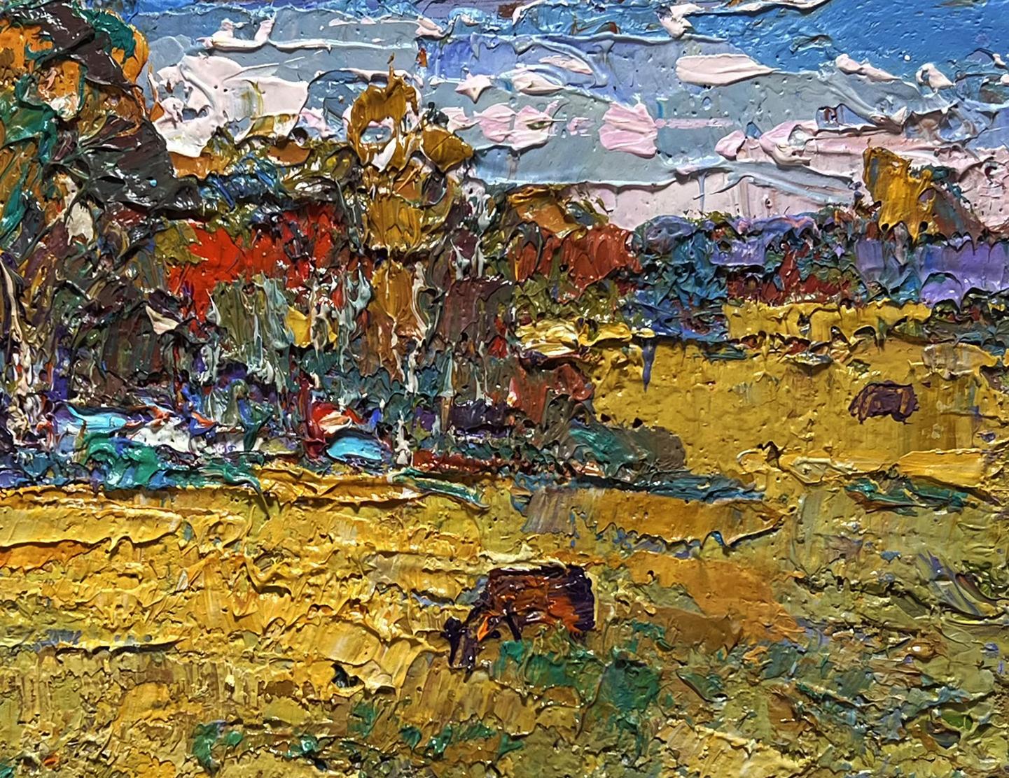 Vibrant impressionist oil painting On the yellow autumn meadows by Oksana Ivanyuk