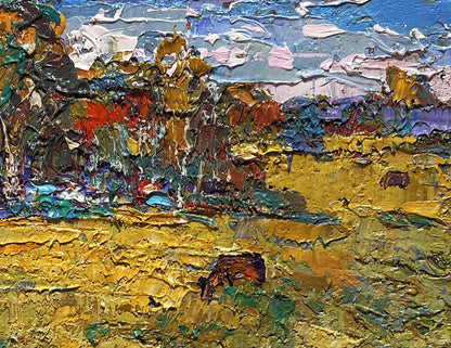 Vibrant impressionist oil painting On the yellow autumn meadows by Oksana Ivanyuk