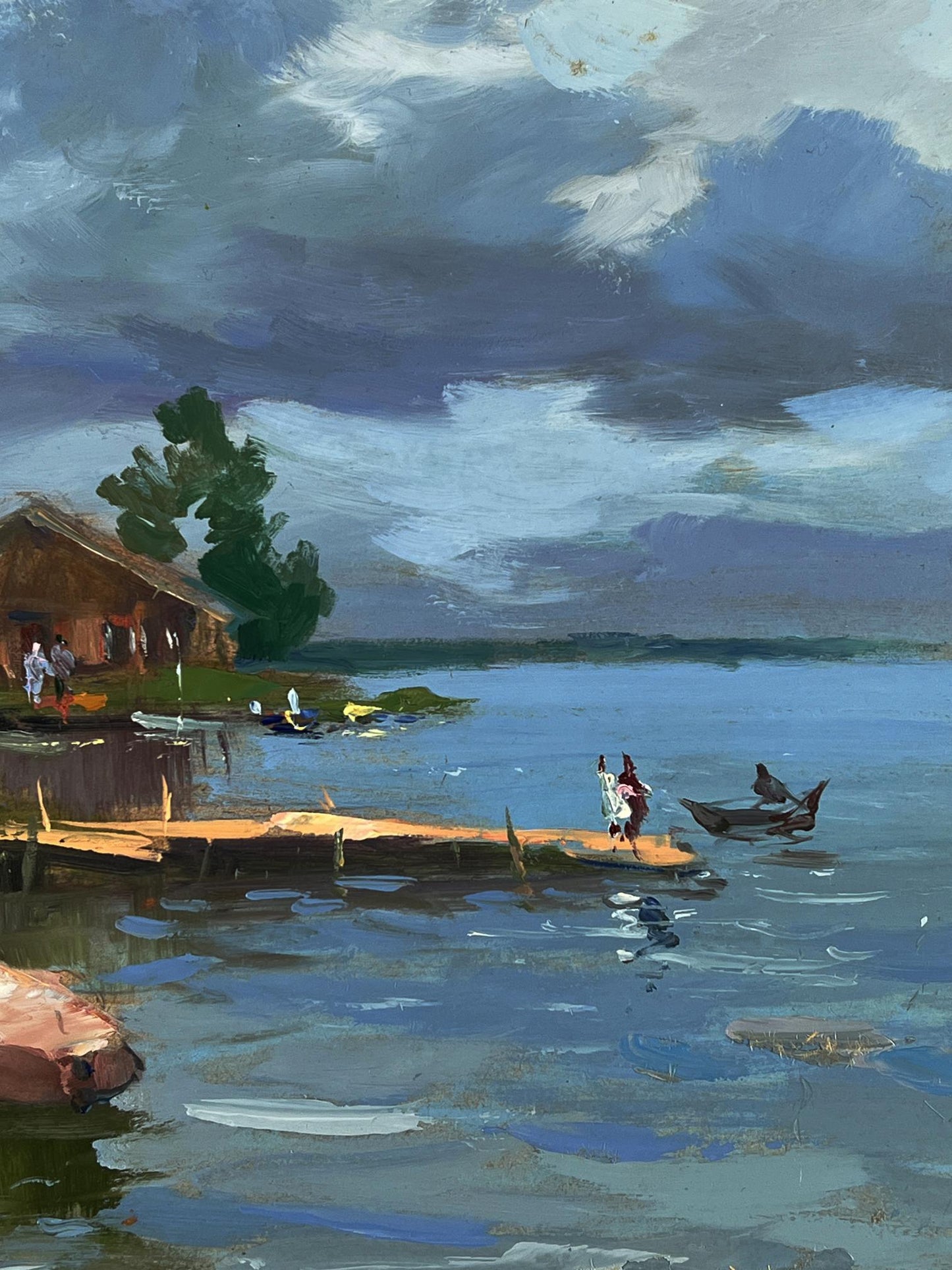 Rustic wooden dock on calm lake by river bank houses, Yuriy Suprunchuk oil painting