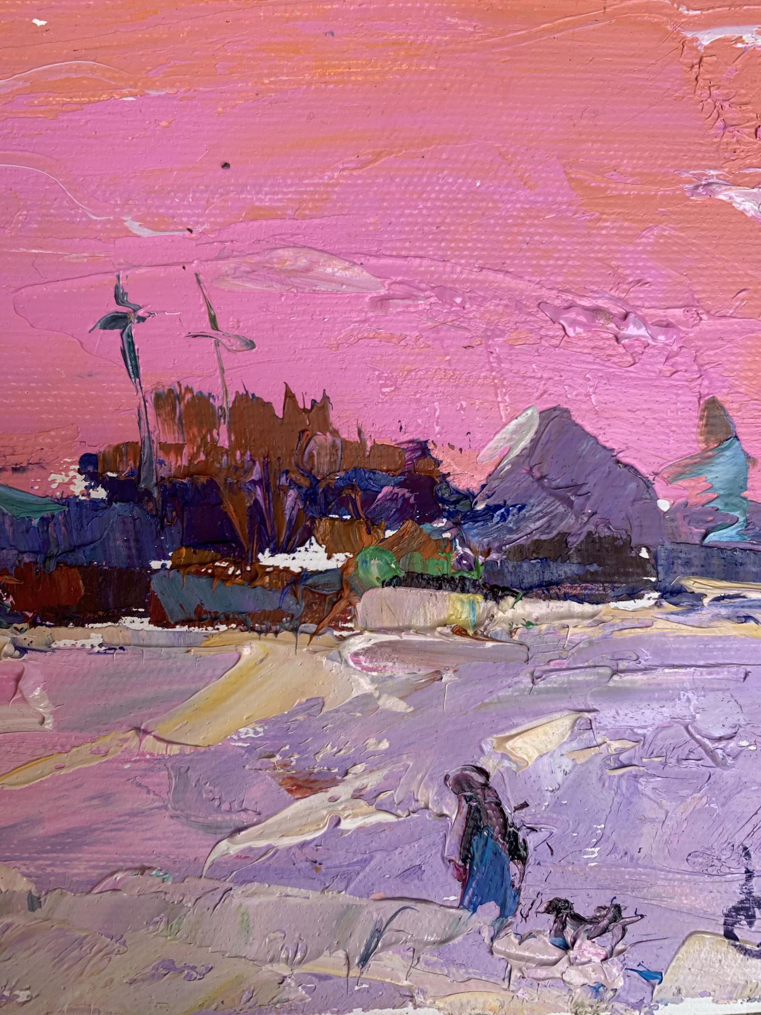 Vibrant oil painting It snowed in the evening by Oksana Ivanyuk with lone blue figure birds pink purple sky