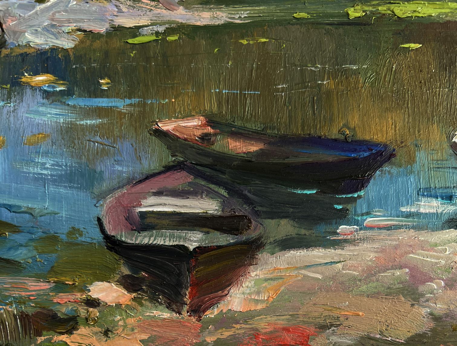 Impressionistic oil painting of two rowboats crossing to other bank by Yuriy Suprunchuk