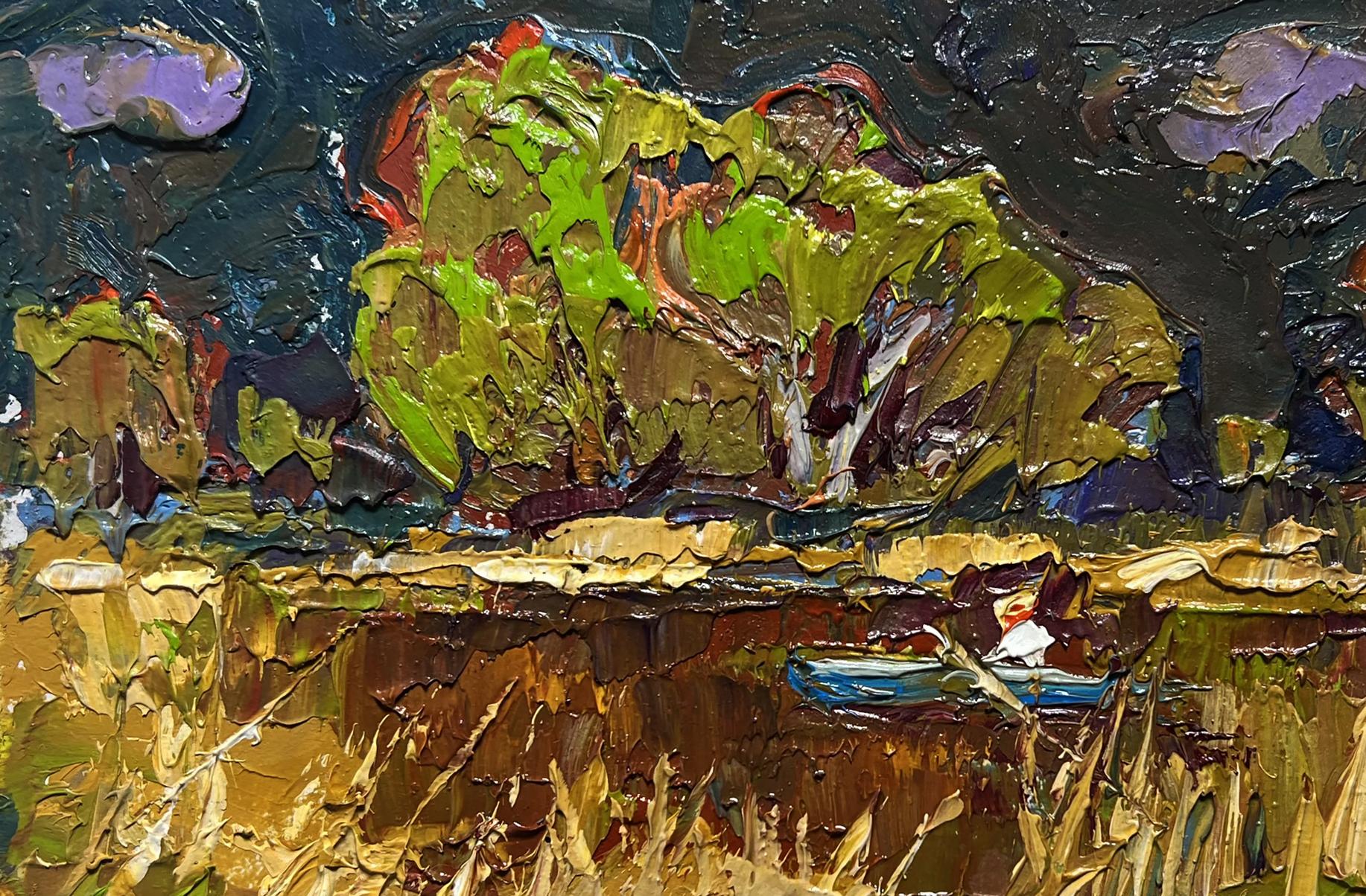 Oil painting Going fishing after the rain by Oksana Ivanyuk with green gold brushstrokes and blue boat