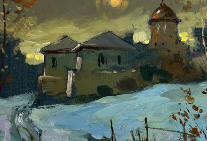 Oil painting of sunset behind snow-covered village by Yuriy Suprunchuk