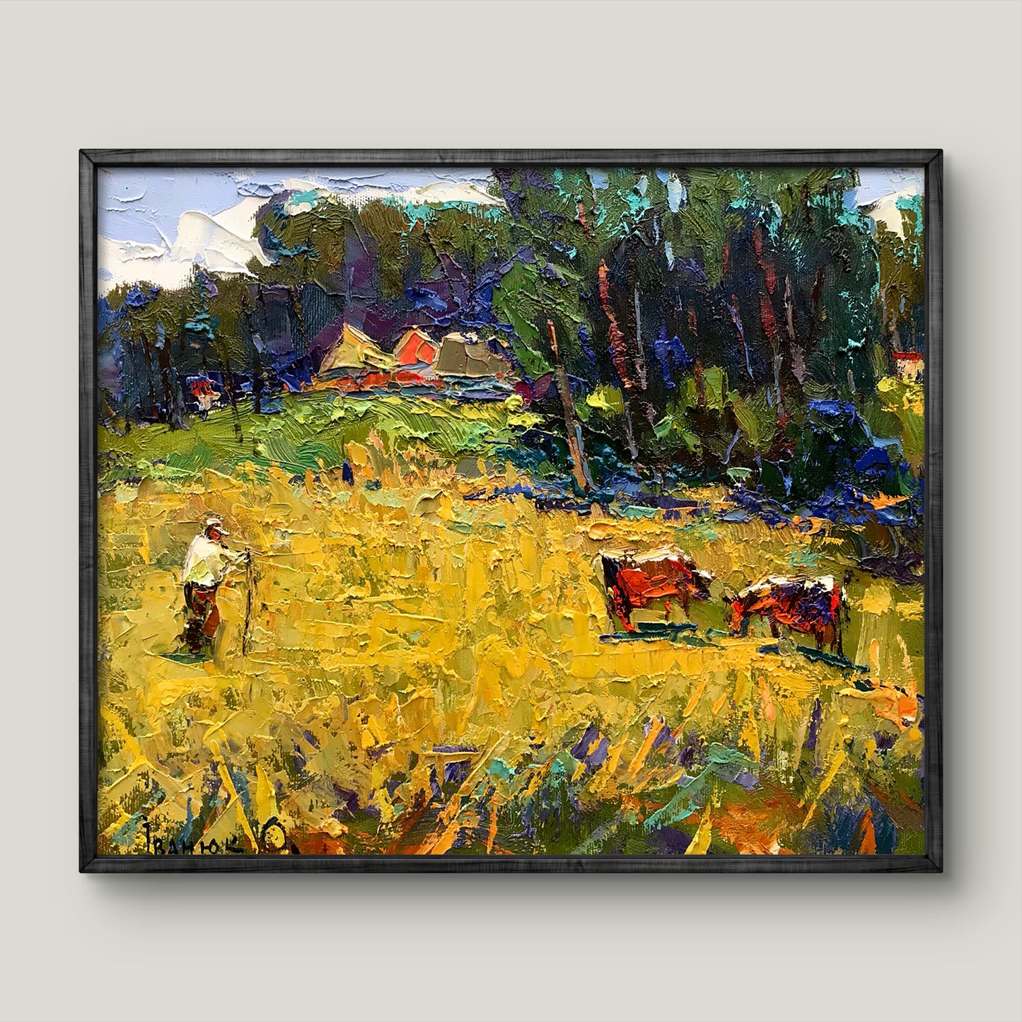 Vibrant Oil Painting Cows in a Yellow Field by Oksana Ivanyuk