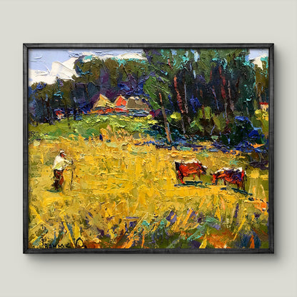 Vibrant Oil Painting Cows in a Yellow Field by Oksana Ivanyuk