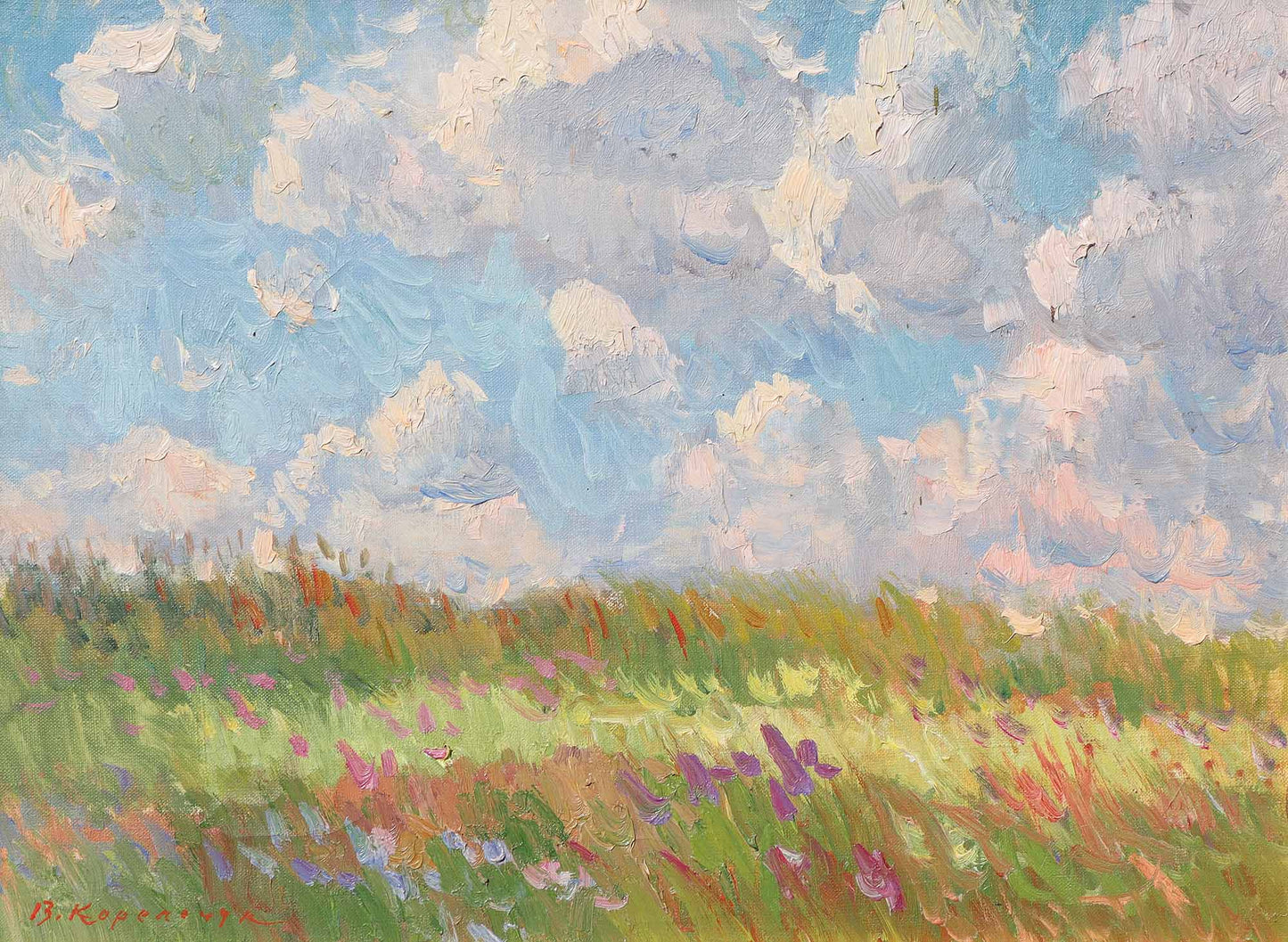 Vibrant impressionist oil painting by Viktor Korolchuk of sunlit wildflower meadow