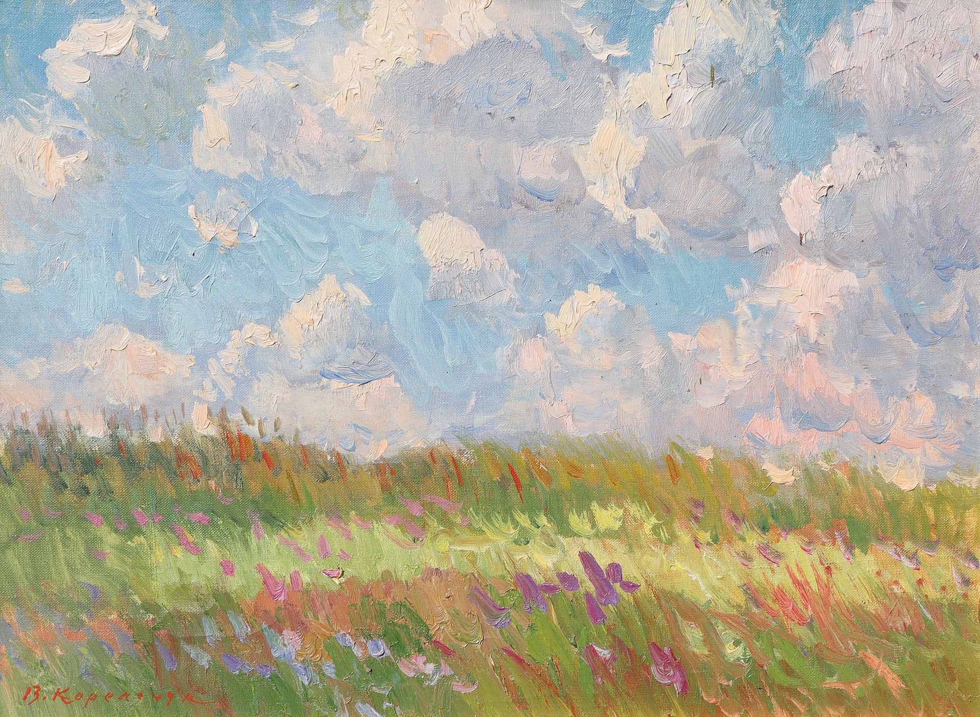 Vibrant impressionist oil painting by Viktor Korolchuk of sunlit wildflower meadow