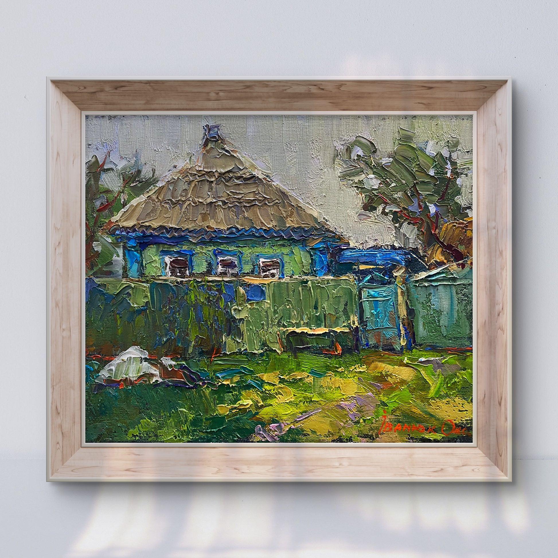 Oil painting Quiet evening in the yard by Oksana Ivanyuk rustic thatched house