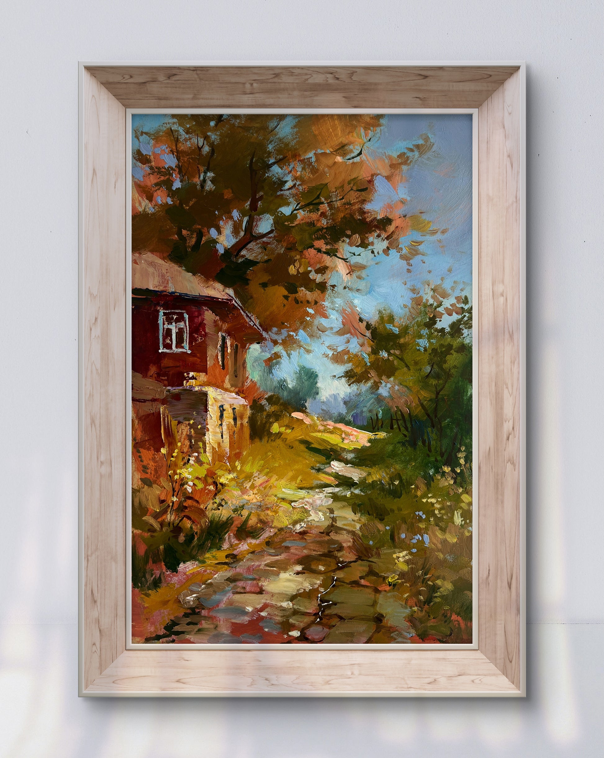 Oil painting Autumn golden path by Yuriy Suprunchuk: cozy red cottage in autumn foliage