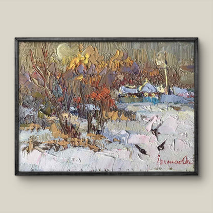 Oil painting by Oksana Ivanyuk: snowy autumn trees outside village in black frame
