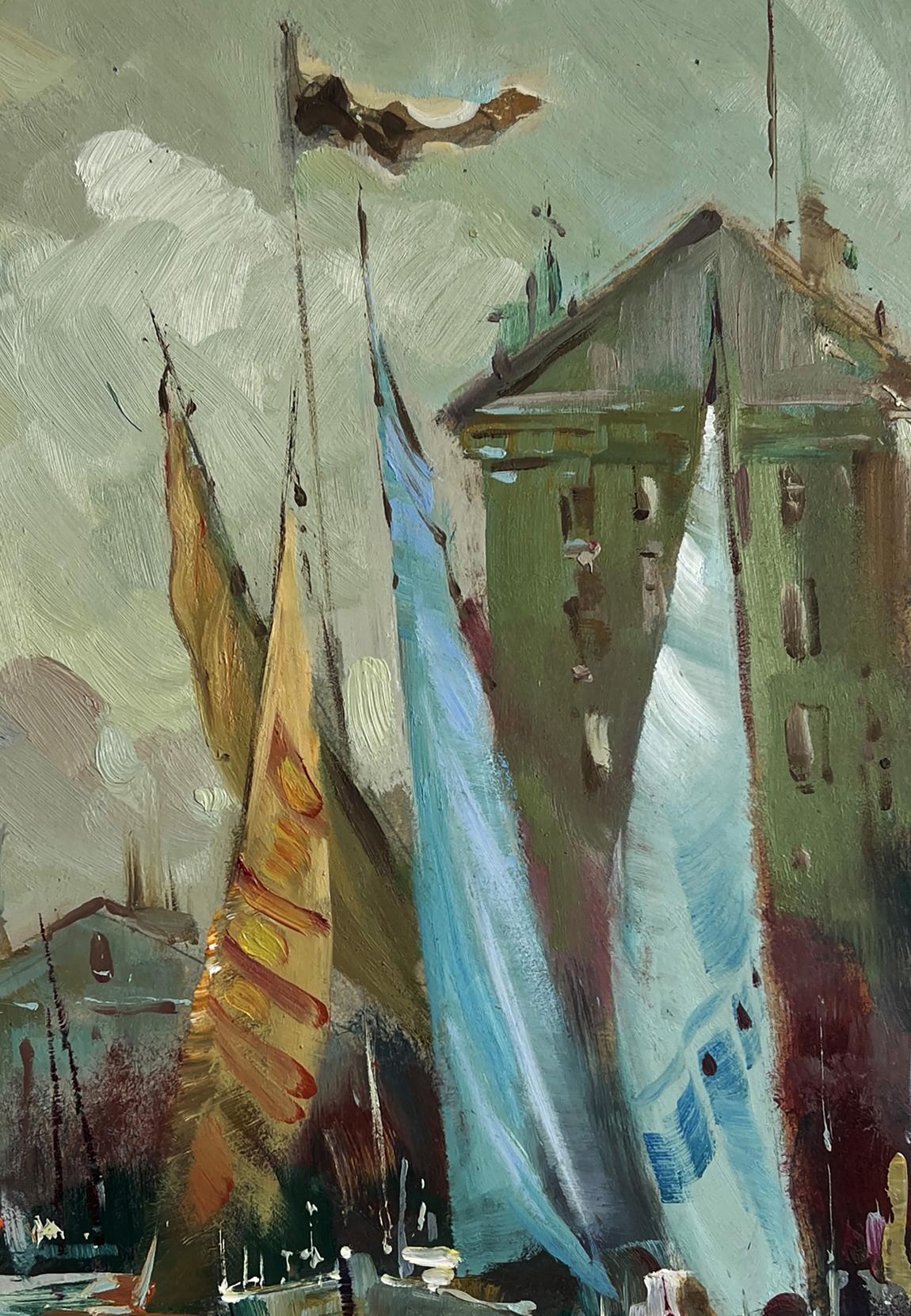 Vibrant impressionist oil painting of Venice harbor sails by Yuriy Suprunchuk