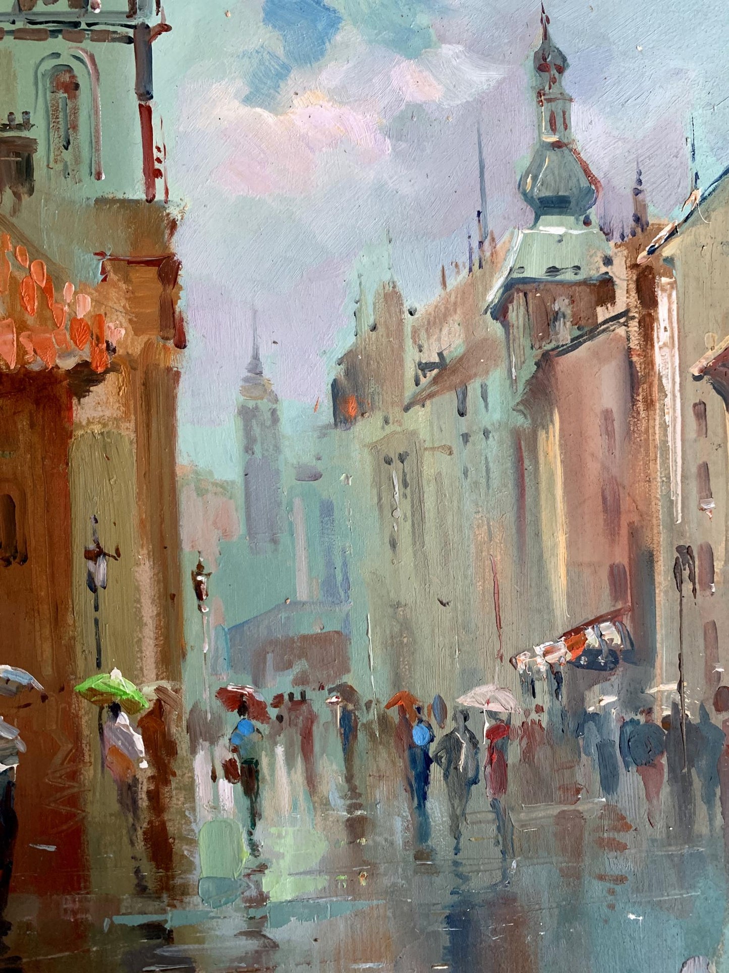 Impressionistic oil painting of rainy European street by Yuriy Suprunchuk