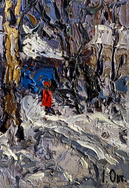 Oil painting The winter night came quickly by Oksana Ivanyuk vibrant red figure