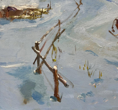 Cozy winter evening oil painting by Yuriy Suprunchuk with frosted branches