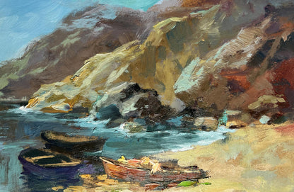 Oil painting Dream of the sea and mountains by Yuriy Suprunchuk: purple and brown boats on pebbled shore