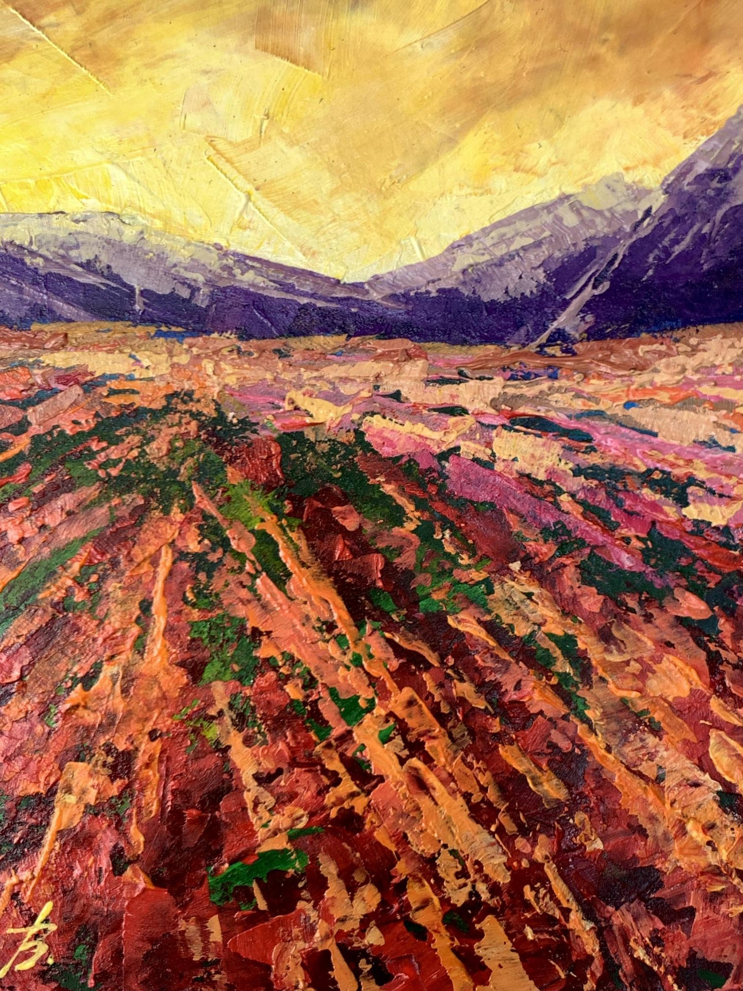 Vibrant oil painting of mountain sunset by V. Zadorozhnya
