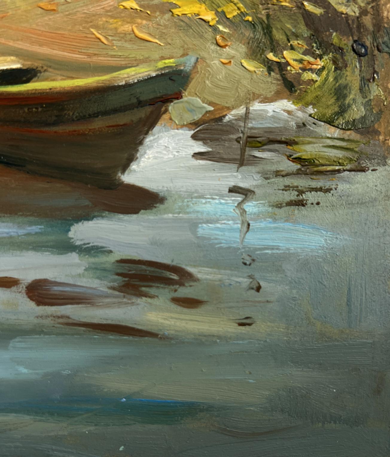 Oil painting Summer peace on the river by Yuriy Suprunchuk: rustic boat in calm water