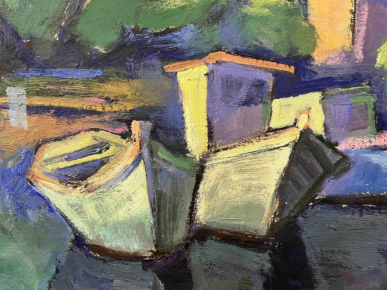 Oil painting Harbor by Oleksandr Andreev: abstract boats in yellow, green, purple