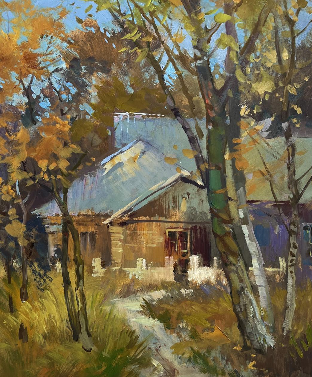 Oil painting of rustic cabin in autumn trees by Yuriy Suprunchuk