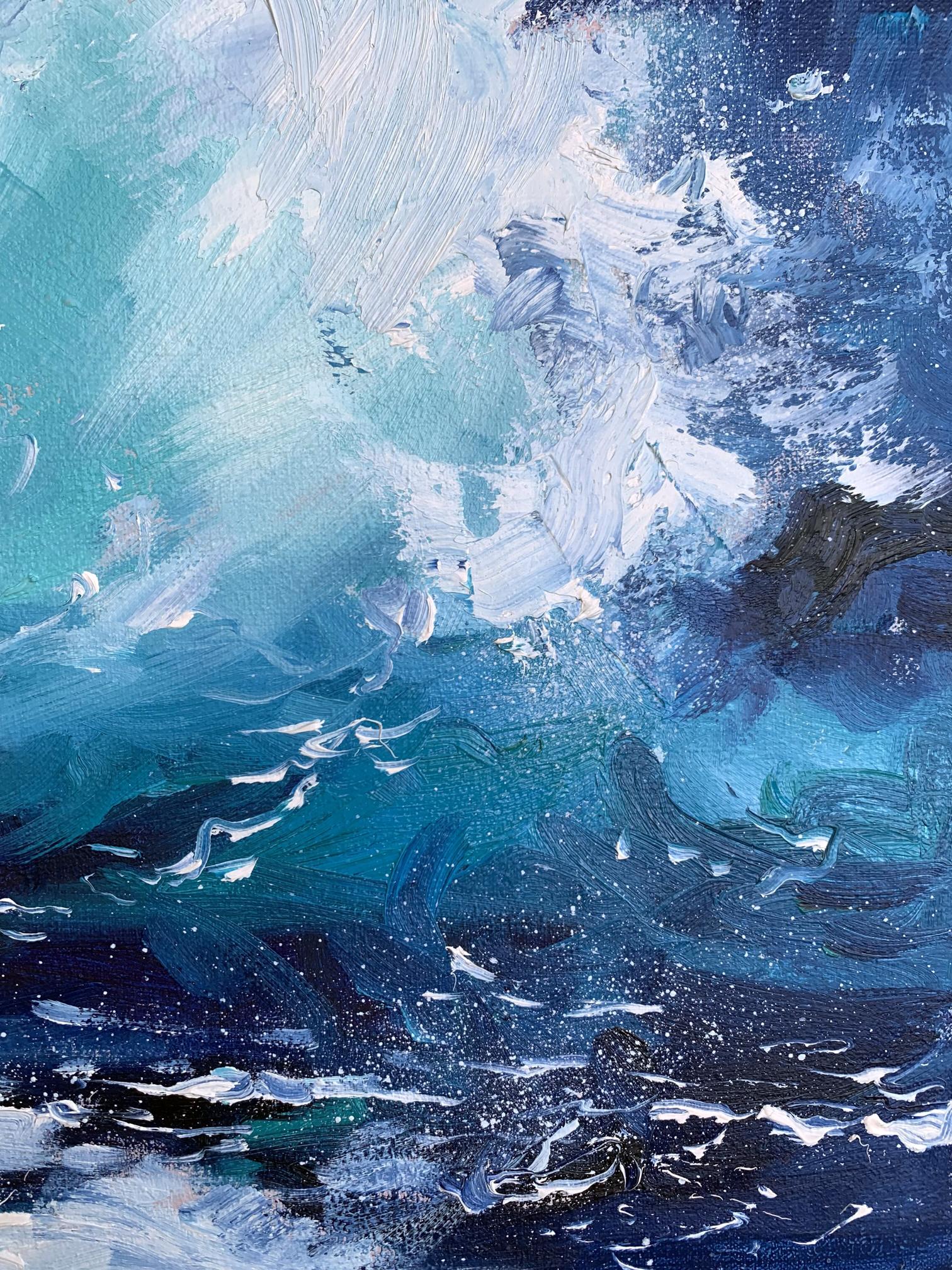 Oil painting Sea wavy breeze by Tatyana Derdey in teal blue white