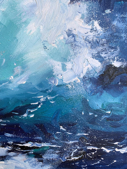 Oil painting Sea wavy breeze by Tatyana Derdey in teal blue white