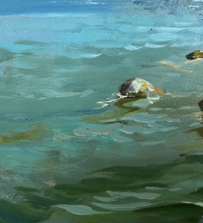 Oil painting Summer day by the shore by Yuriy Suprunchuk: colorful bottle in turquoise water