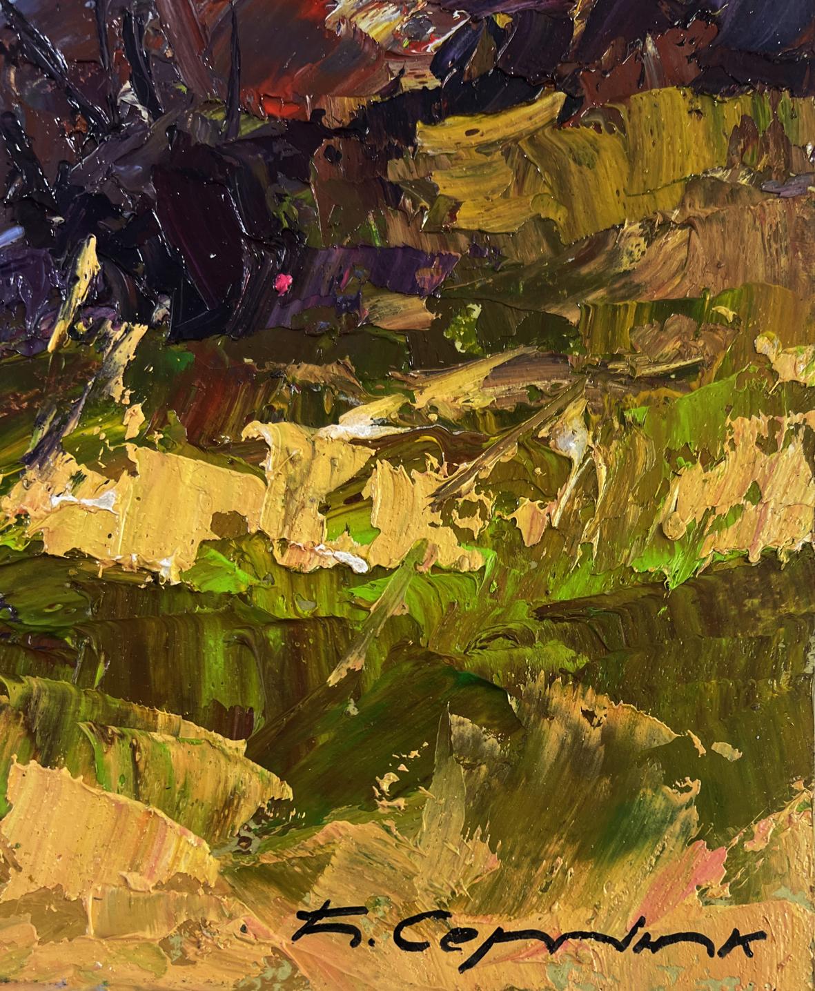 Vibrant impressionist oil painting of golden trees and blue horizon by Boris Serdyuk