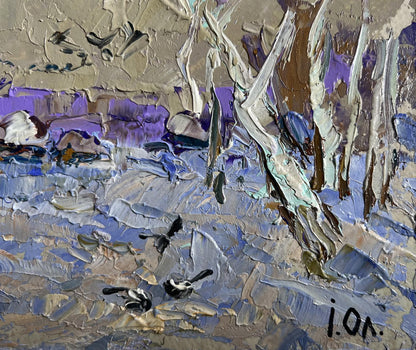 Oil painting Snowy path to the village by Oleksiy Ivanyuk textured impasto back