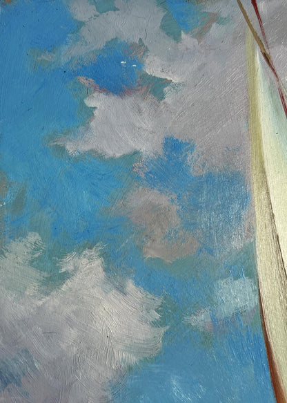 Oil painting of sailing holidays at sea with blue sky and fluffy clouds by Yuriy Suprunchuk