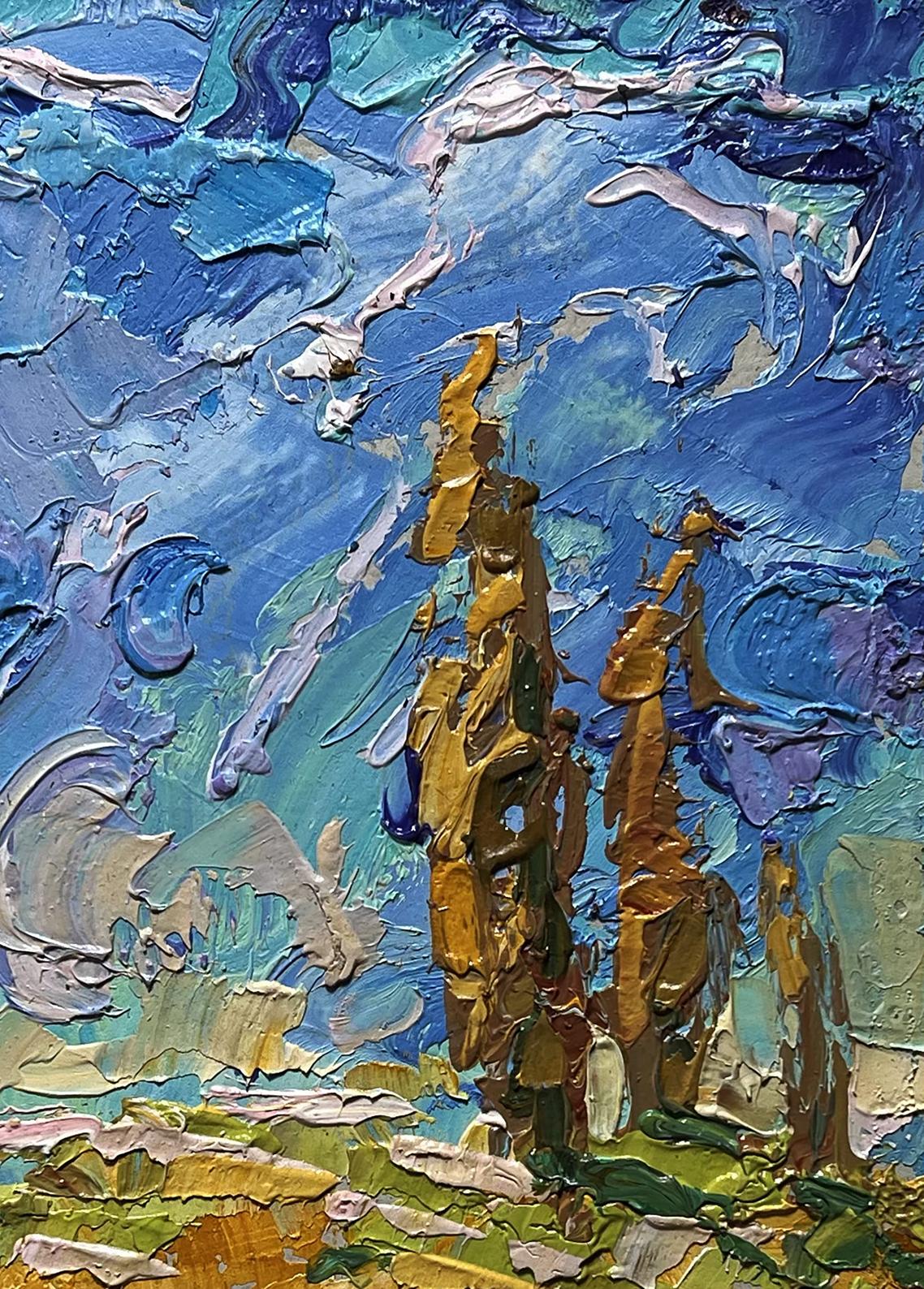 Oil painting Geese in the autumn steppes by Oleksiy Ivanyuk with golden-brown trees