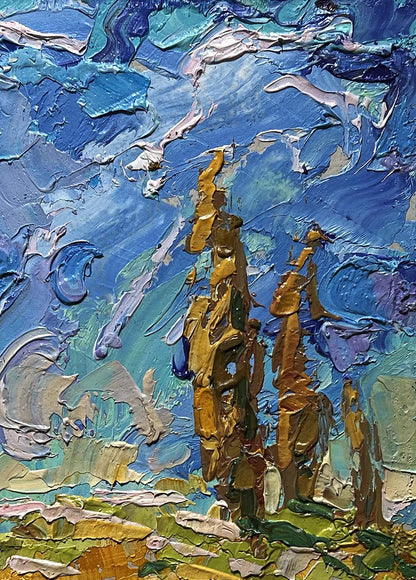 Oil painting Geese in the autumn steppes by Oleksiy Ivanyuk with golden-brown trees