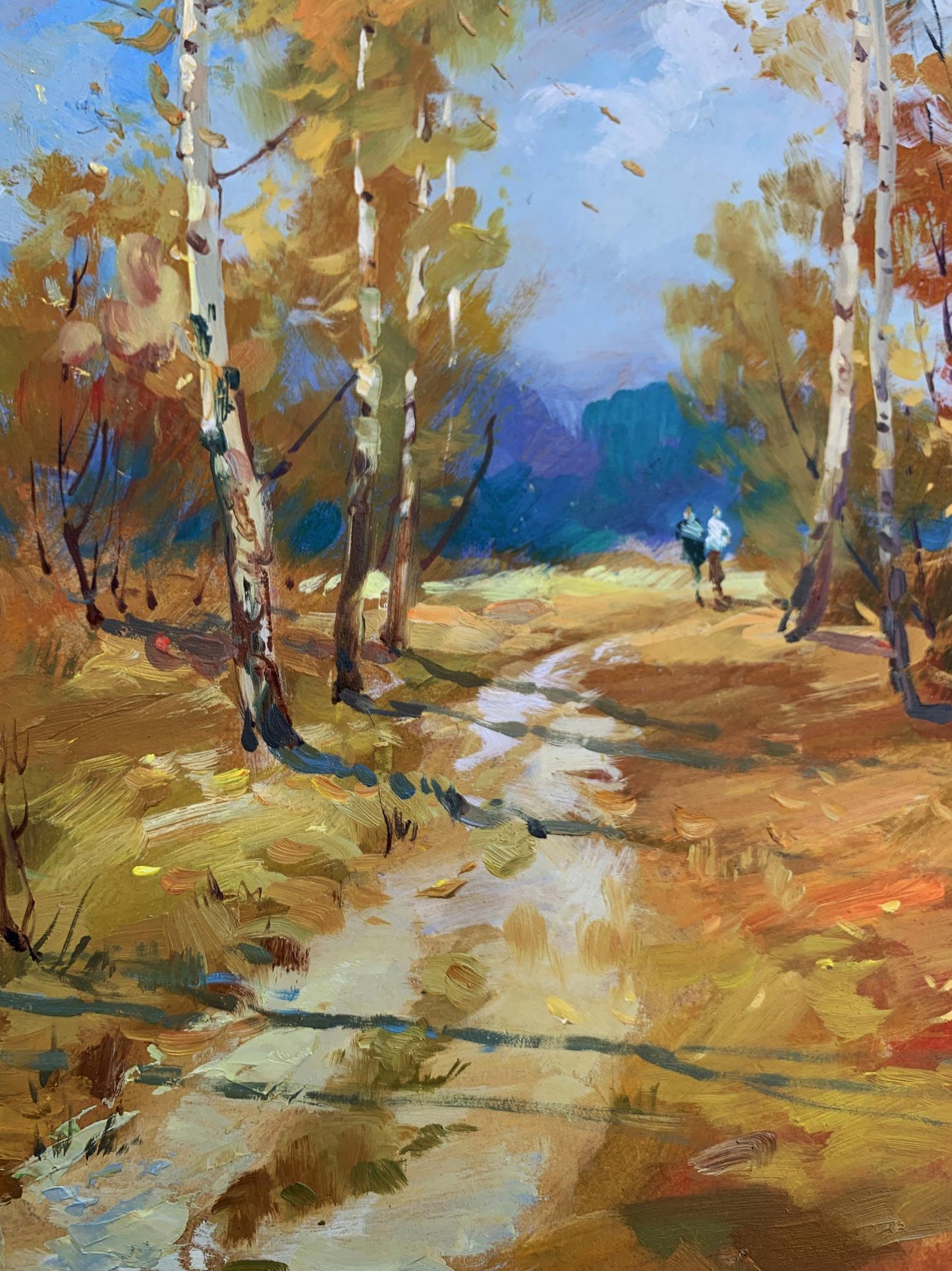 Autumn birch trees with golden foliage line sunlit path in Yuriy Suprunchuk oil painting