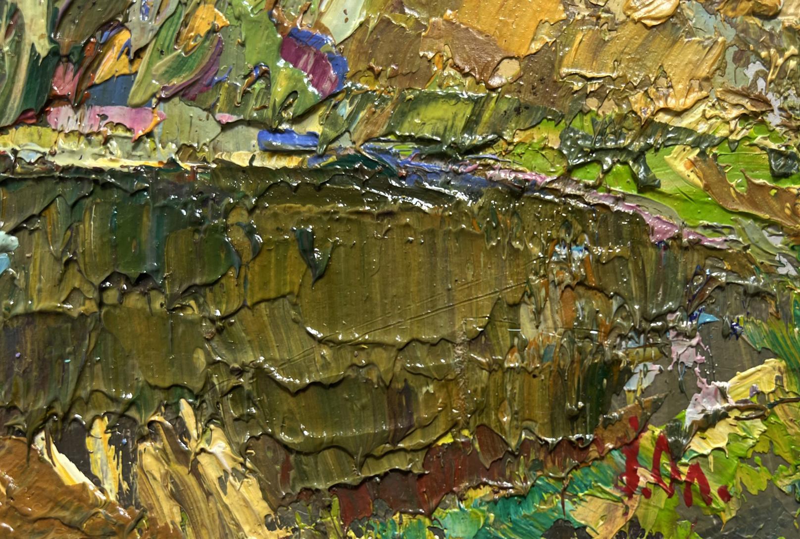 Oil painting On the summer lake by Oleksiy Ivanyuk impasto greens yellows