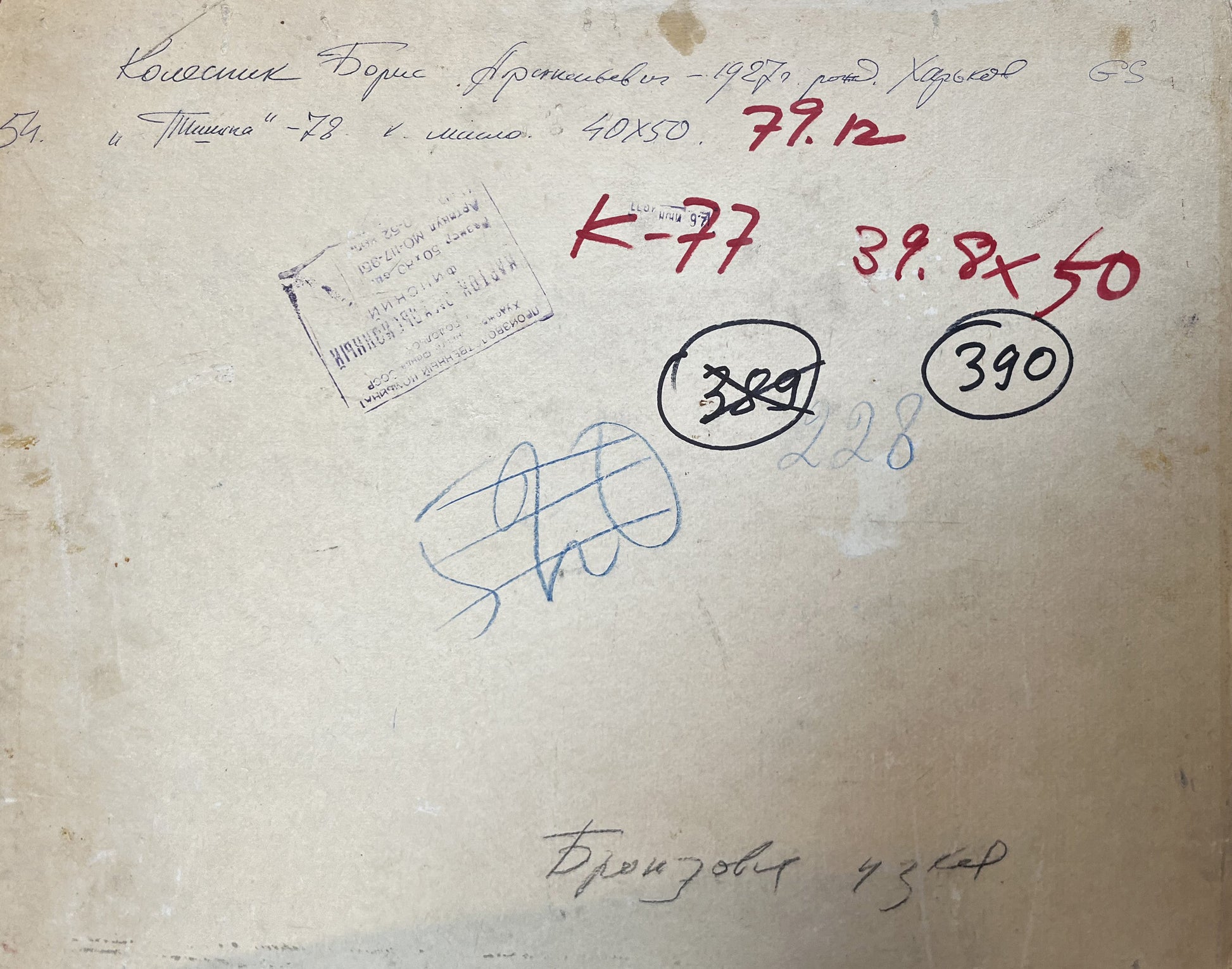 Back of Oil painting Silence by Boris Kolesnik: weathered Cyrillic document