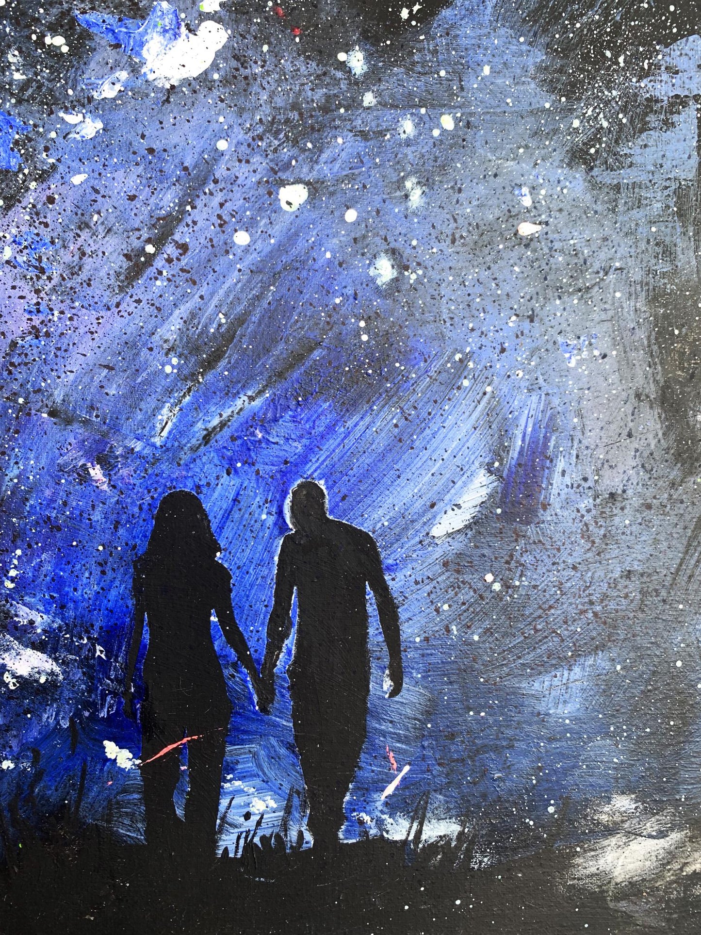 Oil painting Love night Tatyana Derdey: blue black abstract silhouetted figures holding hands starry sky