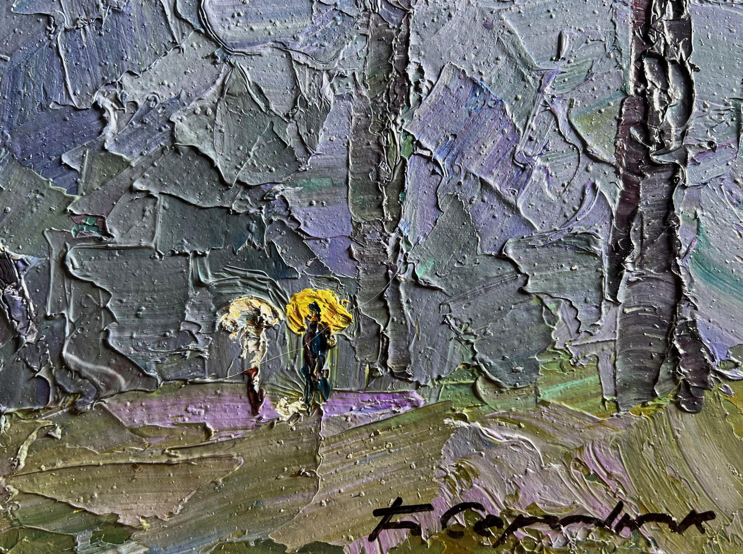 Oil painting Rainy morning by Boris Serdyuk with yellow umbrellas