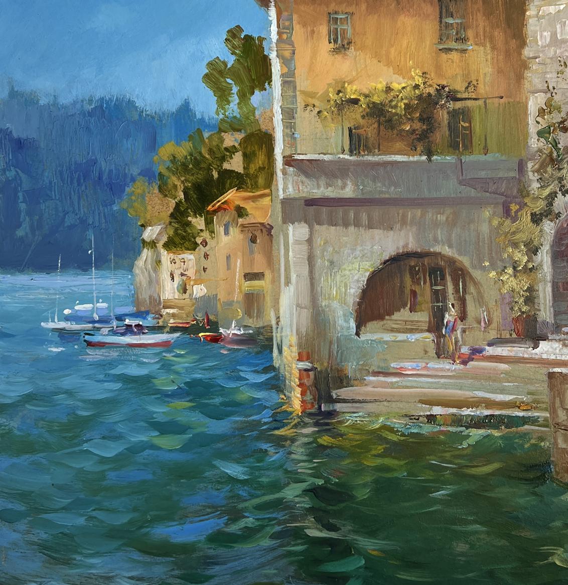 Vibrant impressionist oil painting by Yuriy Suprunchuk of sunlit lakeside town